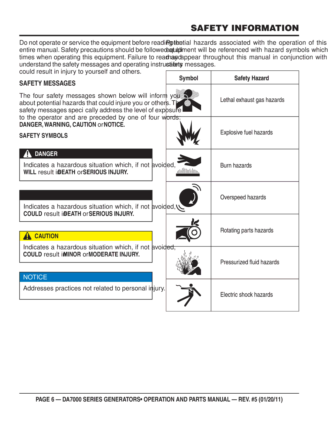 Multiquip DA7000WGH, DA700SSW manual Safety Information, Safety Messages 