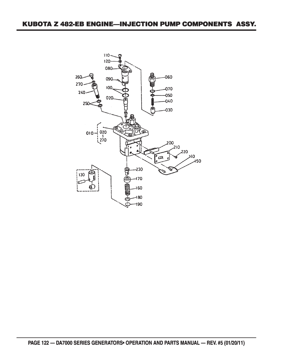 Multiquip DA7000WGH, DA700SSW manual KUBOTA Z 482-EB ENGINE-INJECTION PUMP COMPONENTS ASSY 