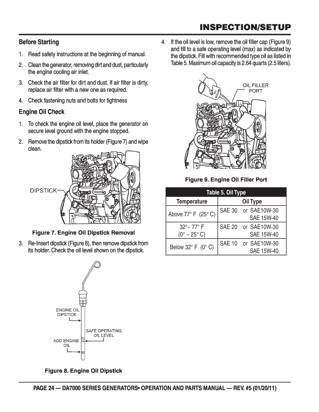 Multiquip DA7000WGH manual Before Starting, Engine Oil Check, Oil Type, Temperature, Inspection/Setup, Engine Oil Dipstick 