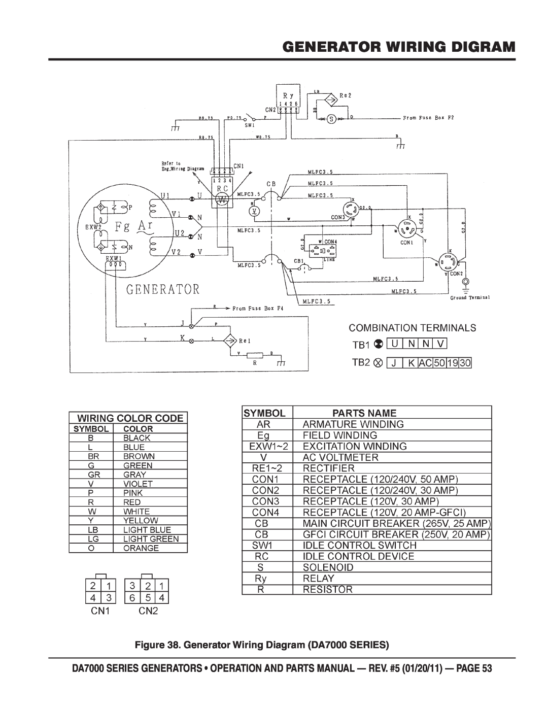 Multiquip DA700SSW, DA7000WGH manual Generator Wiring Digram, Generator Wiring Diagram DA7000 SERIES 