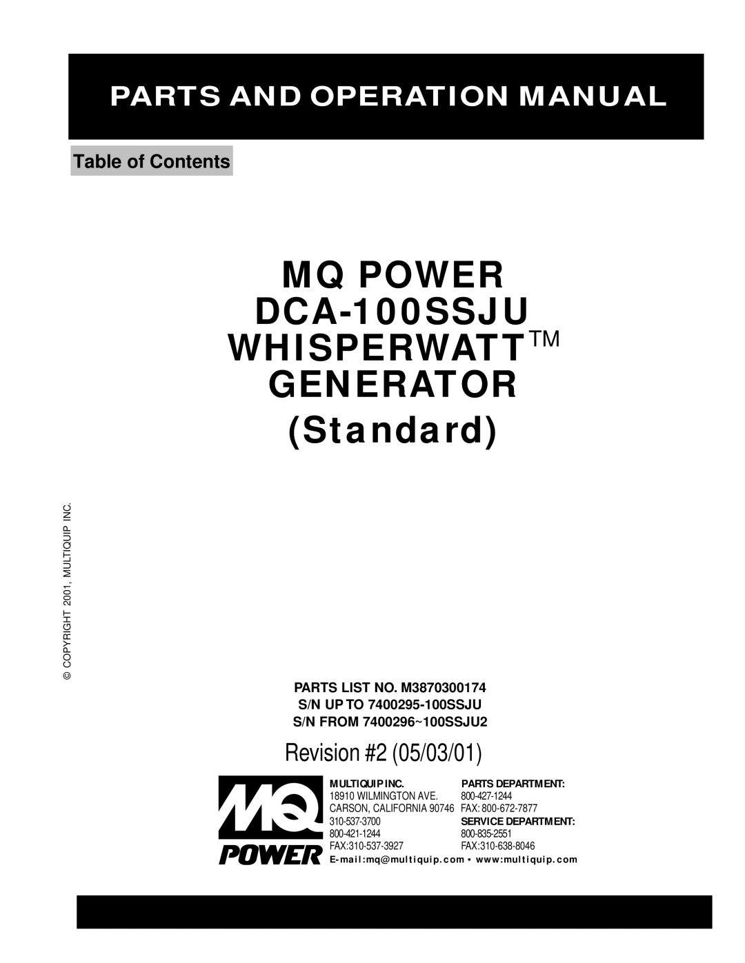 Multiquip operation manual MQ Power DCA-100SSJU Whisperwatttm Generator 