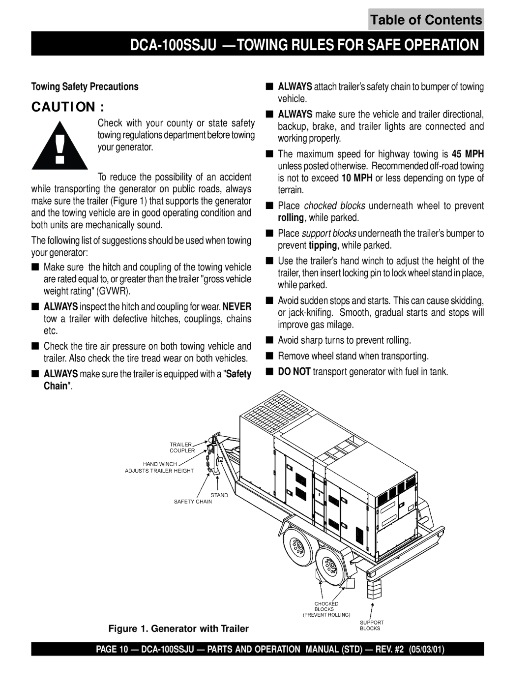 Multiquip operation manual DCA-100SSJU Towing Rules for Safe Operation, Towing Safety Precautions 