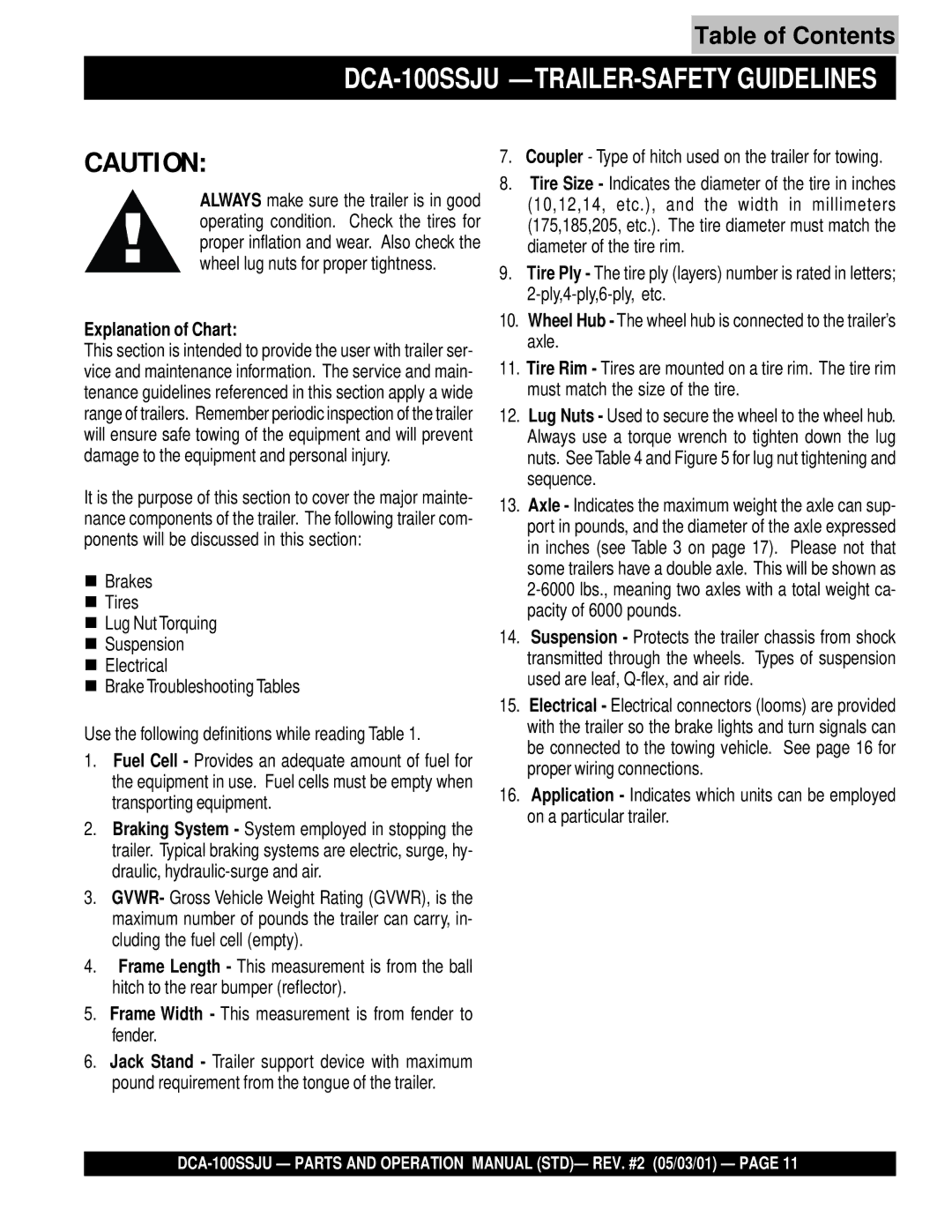 Multiquip operation manual DCA-100SSJU -TRAILER-SAFETY Guidelines, Explanation of Chart 