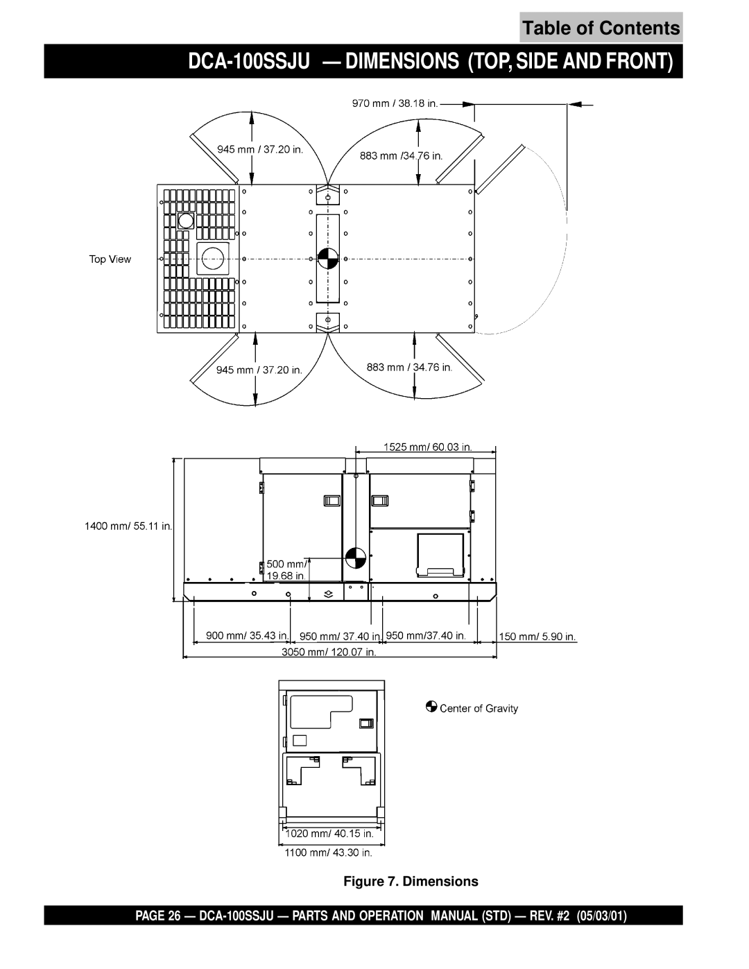 Multiquip operation manual DCA-100SSJU Dimensions TOP, Side and Front 