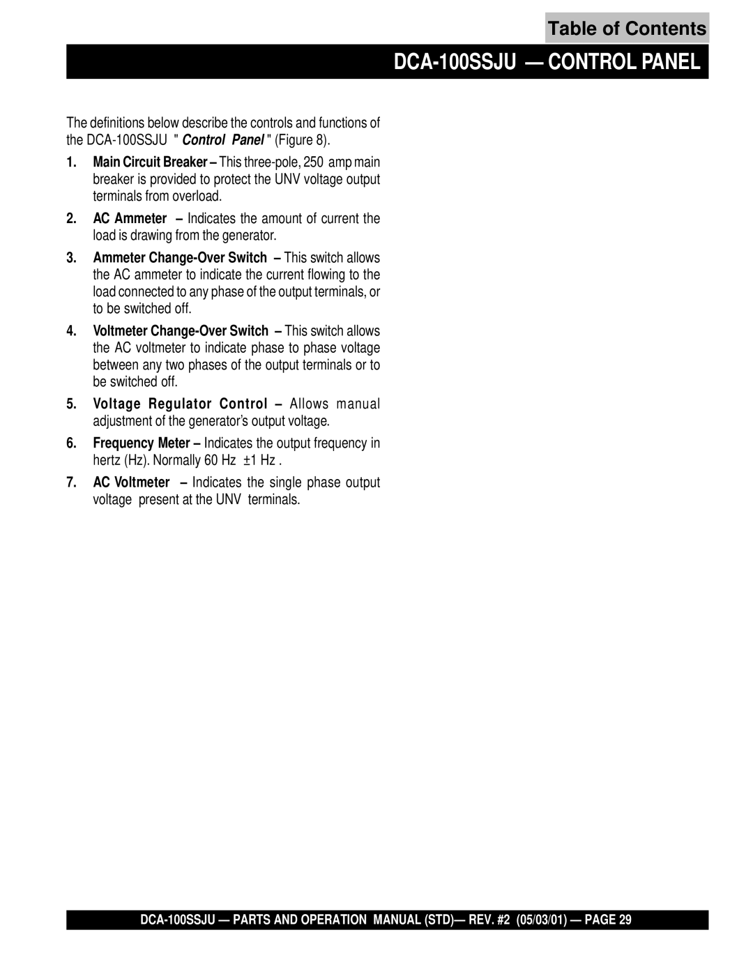 Multiquip operation manual DCA-100SSJU Control Panel 