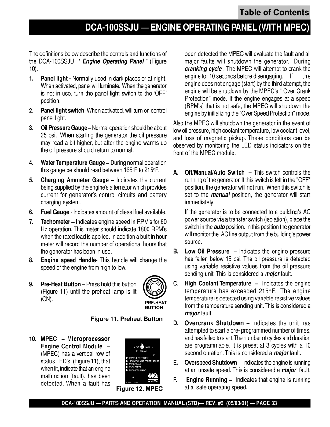 Multiquip operation manual DCA-100SSJU Engine Operating Panel with Mpec 