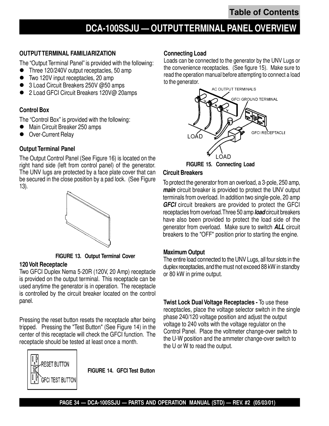 Multiquip DCA-100SSJU Output Terminal Panel Overview, Connecting Load, Circuit Breakers, Volt Receptacle 