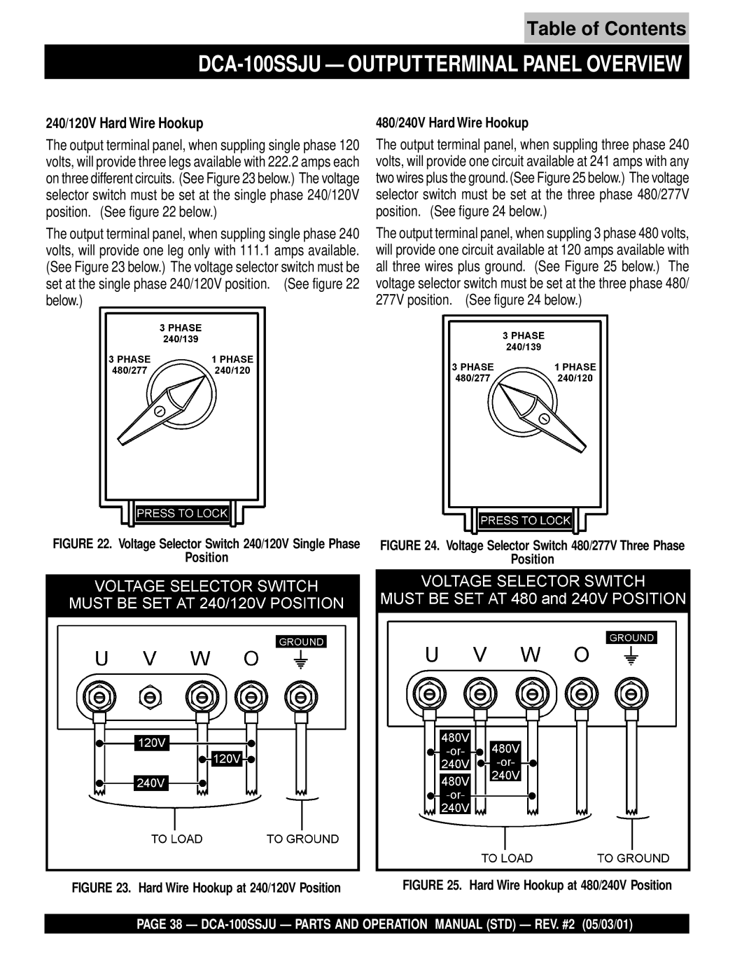 Multiquip DCA-100SSJU operation manual 240/120V Hard Wire Hookup, 480/240V Hard Wire Hookup 