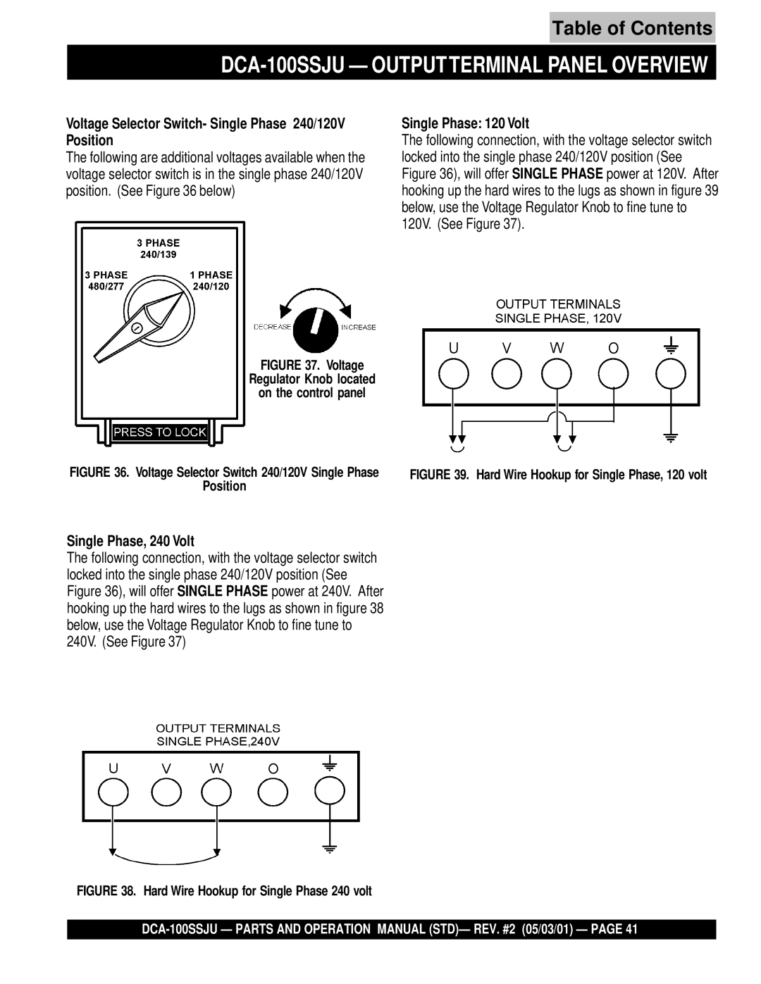 Multiquip DCA-100SSJU operation manual Voltage Selector Switch- Single Phase 240/120V Position, Single Phase 120 Volt 