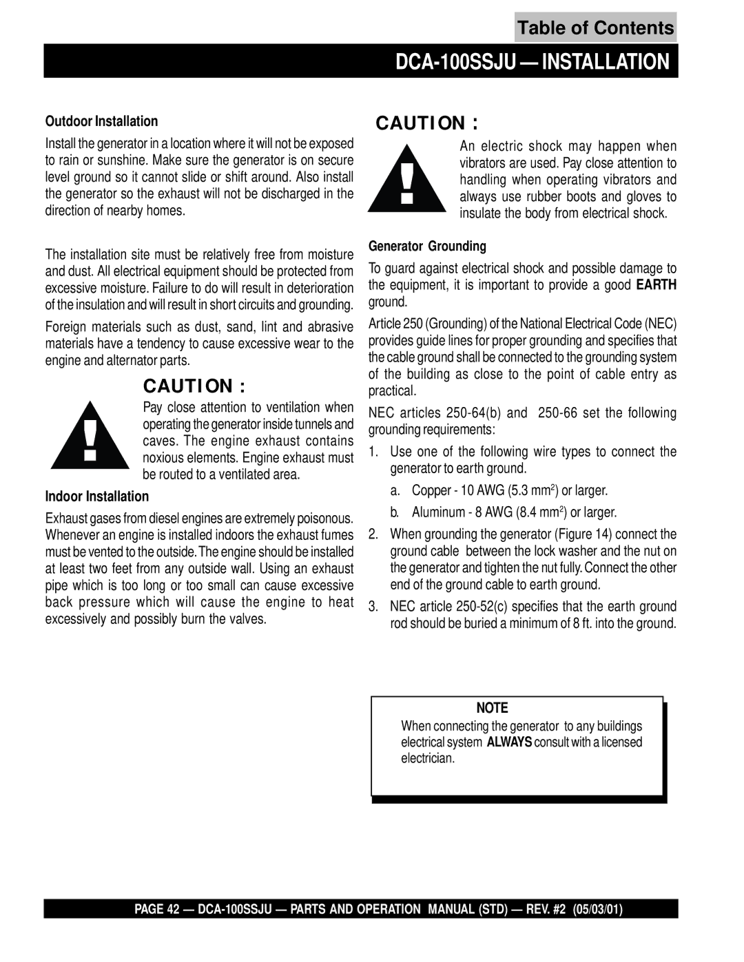 Multiquip operation manual DCA-100SSJU Installation, Outdoor Installation, Indoor Installation 