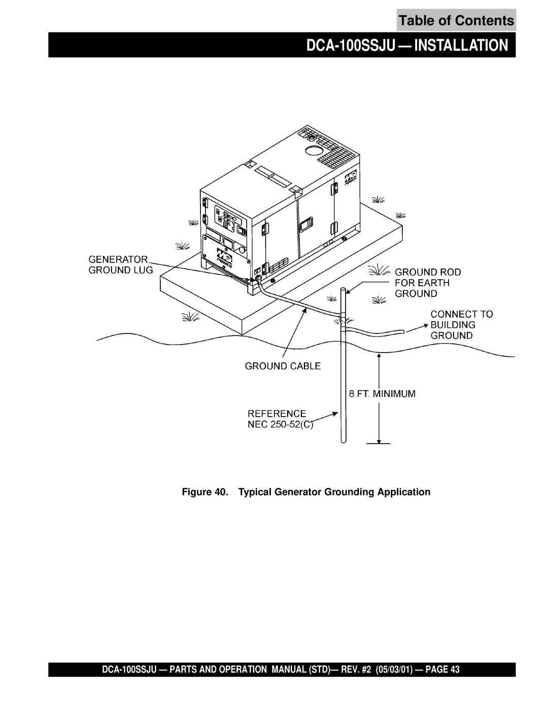 Multiquip operation manual DCA-100SSJU Installation, Typical Generator Grounding Application 