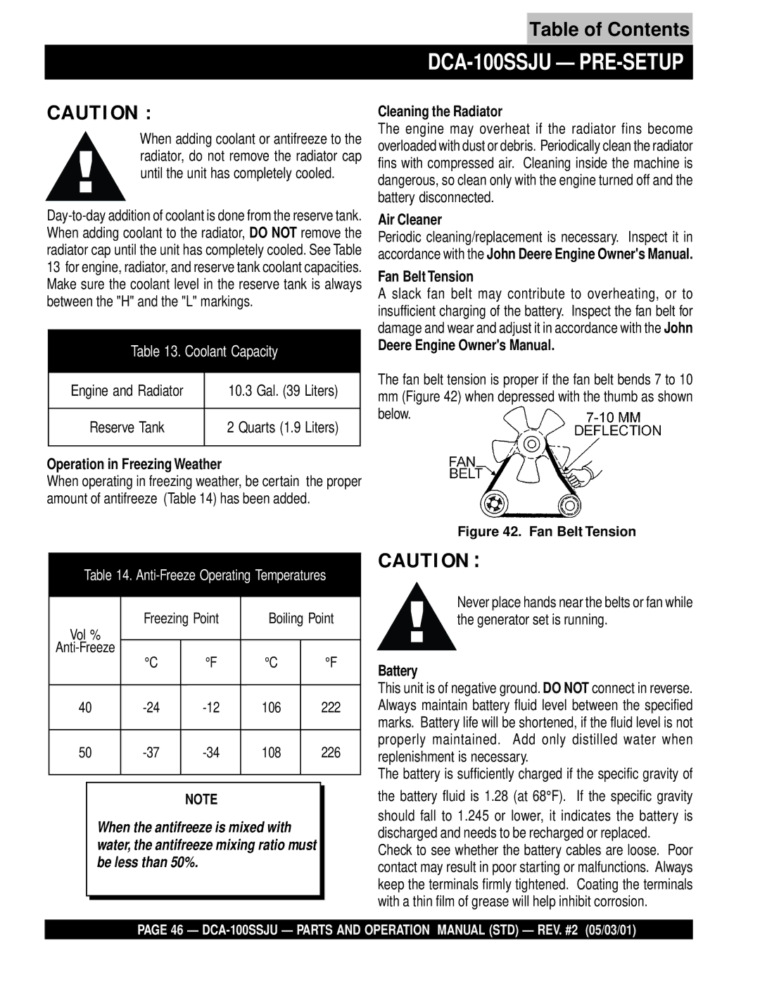 Multiquip DCA-100SSJU operation manual Operation in Freezing Weather, Cleaning the Radiator, Air Cleaner Fan Belt Tension 