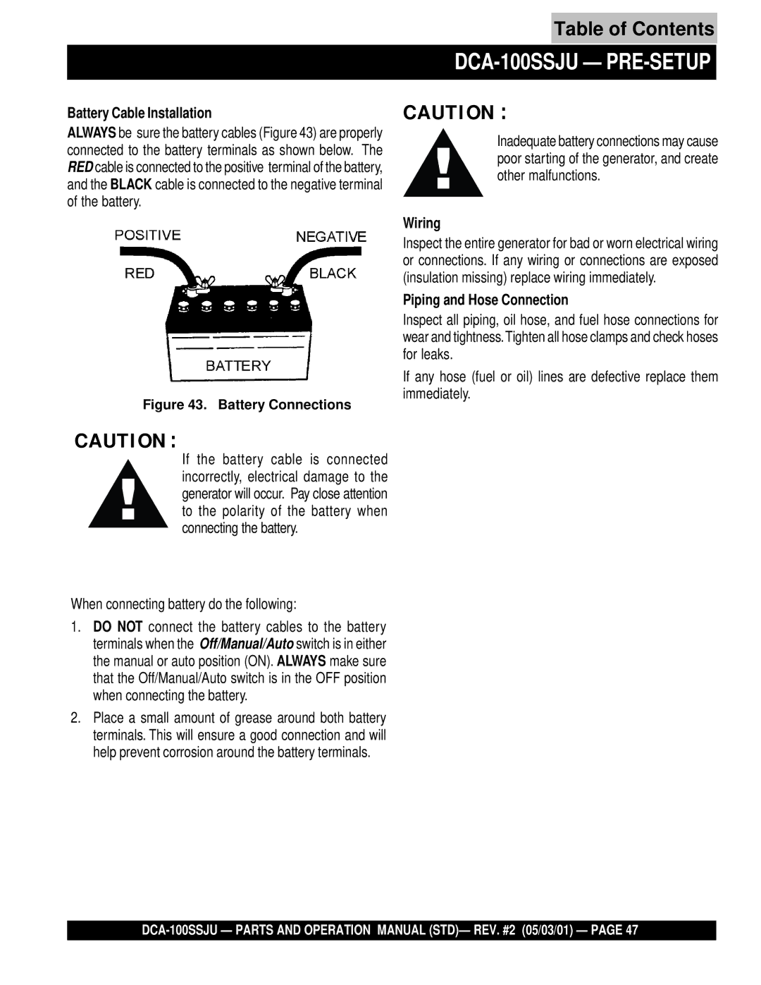 Multiquip DCA-100SSJU operation manual Battery Cable Installation, When connecting battery do the following, Wiring 