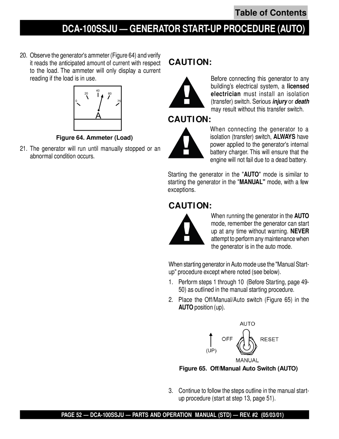 Multiquip DCA-100SSJU Generator START-UP Procedure Auto, Place the Off/Manual/Auto switch in the Auto position up 