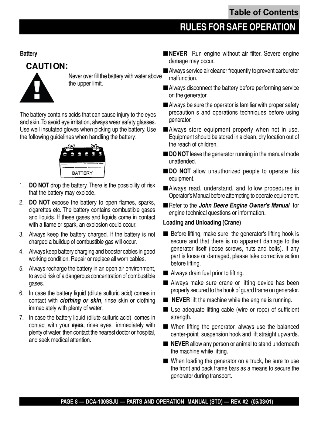 Multiquip DCA-100SSJU operation manual Battery, Loading and Unloading Crane 