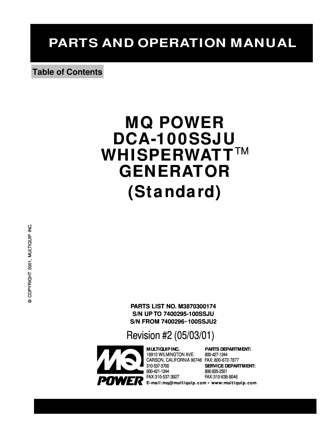 Multiquip operation manual MQ POWER DCA-100SSJU WHISPERWATTTM GENERATOR, Standard, Parts And Operation Manual 