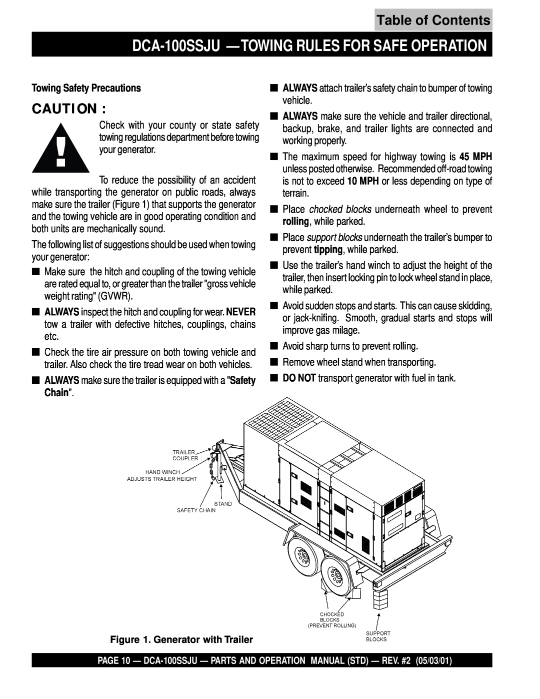 Multiquip operation manual DCA-100SSJU— TOWING RULES FOR SAFE OPERATION, Table of Contents, Towing Safety Precautions 