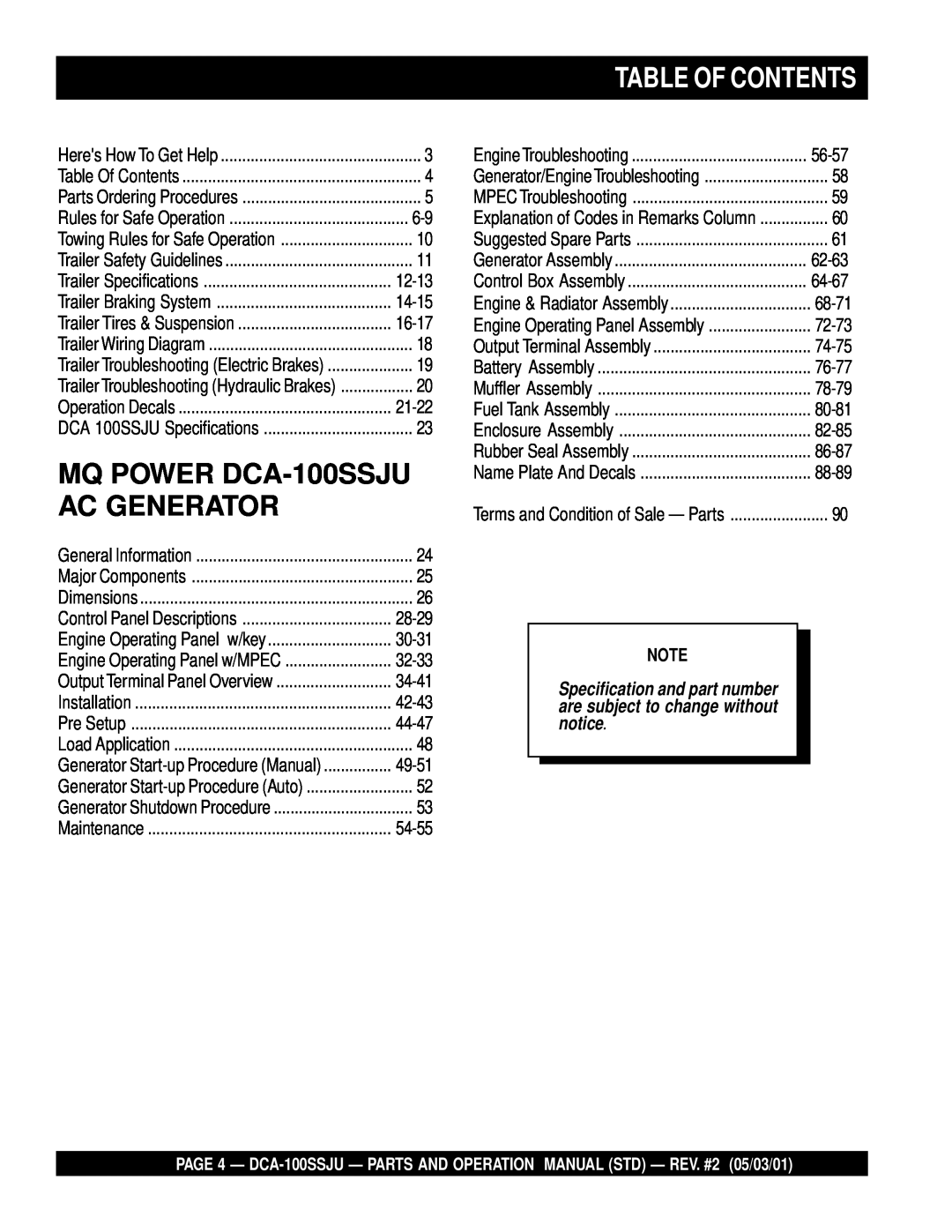 Multiquip operation manual Table Of Contents, MQ POWER DCA-100SSJU AC GENERATOR 
