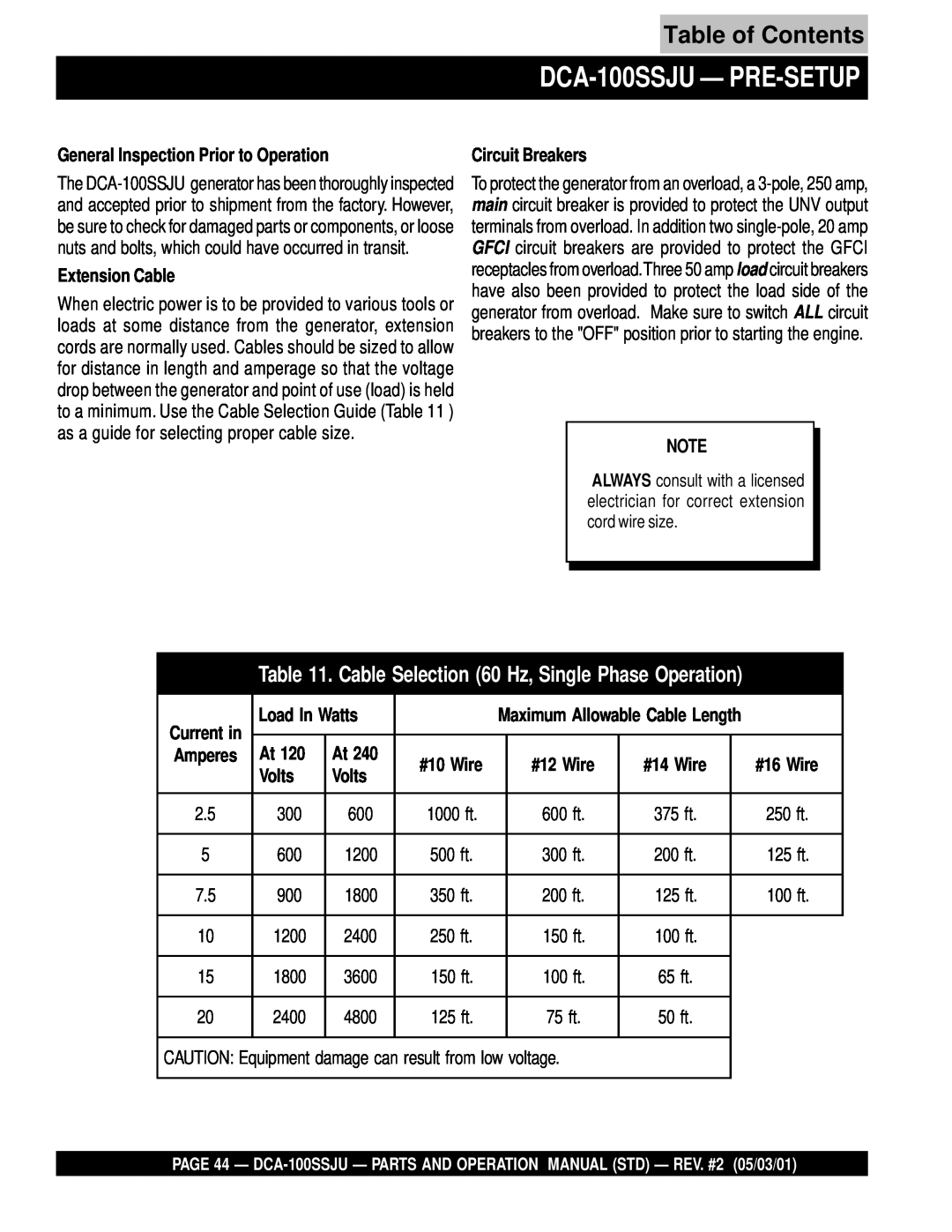Multiquip operation manual DCA-100SSJU— PRE-SETUP, Table of Contents 