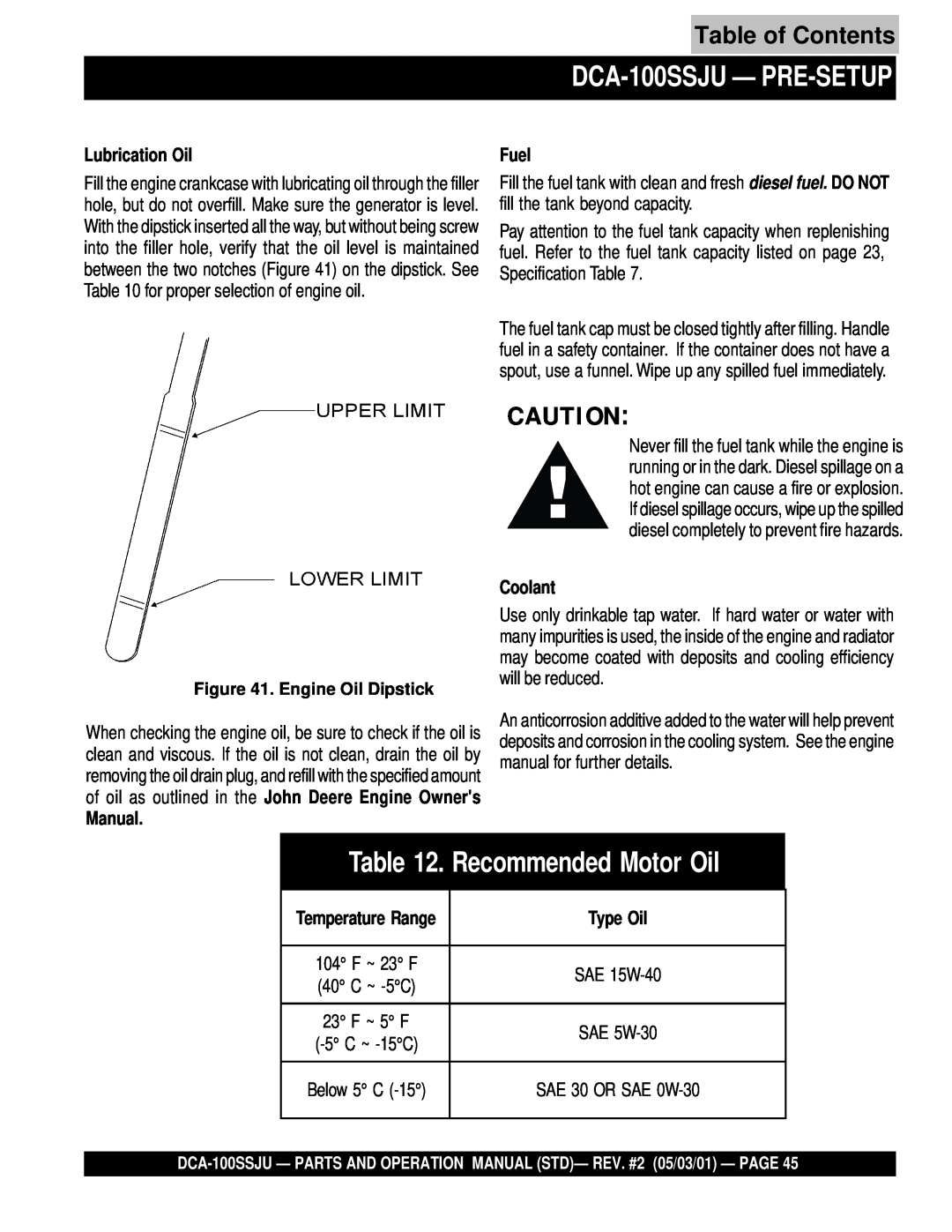 Multiquip operation manual Recommended Motor Oil, DCA-100SSJU— PRE-SETUP, Table of Contents 
