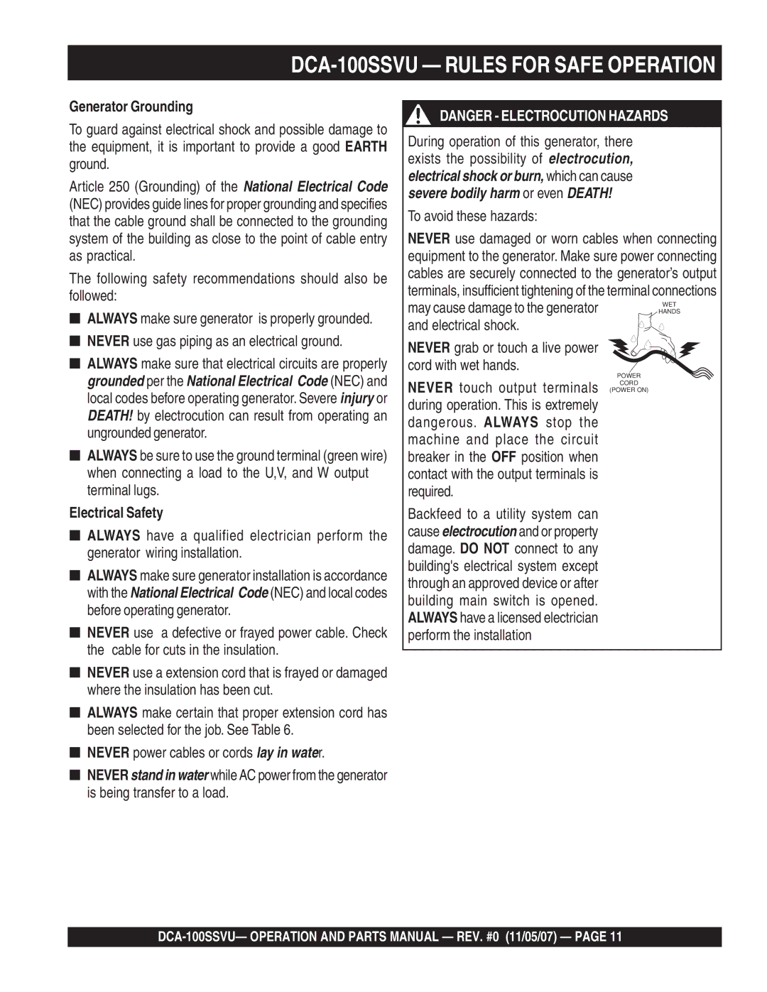 Multiquip operation manual DCA-100SSVU Rules for Safe Operation, Generator Grounding, Electrical Safety 