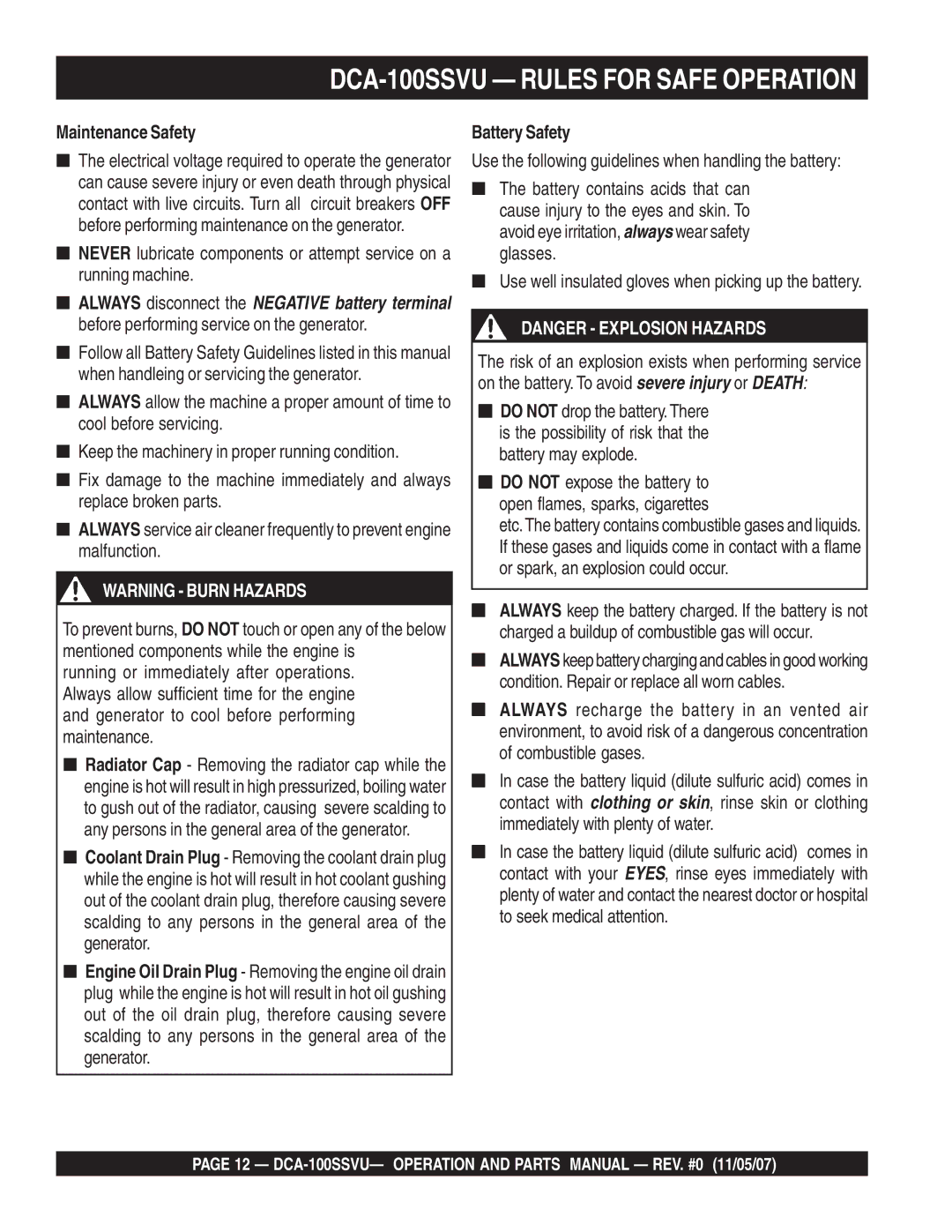 Multiquip DCA-100SSVU operation manual Maintenance Safety, Battery Safety 