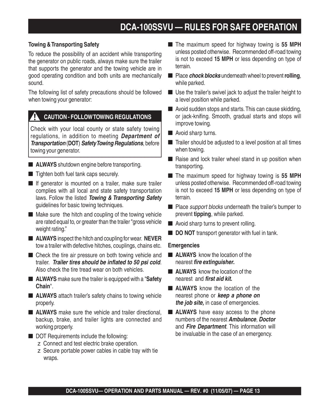 Multiquip DCA-100SSVU operation manual Towing &Transporting Safety, Emergencies 