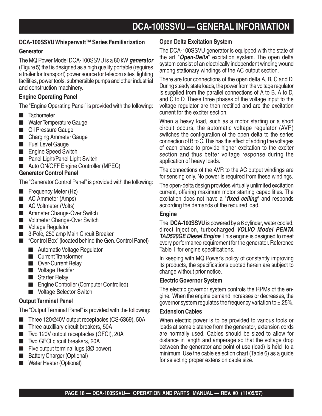 Multiquip DCA-100SSVU Engine Operating Panel, Generator Control Panel, Output Terminal Panel, Electric Governor System 