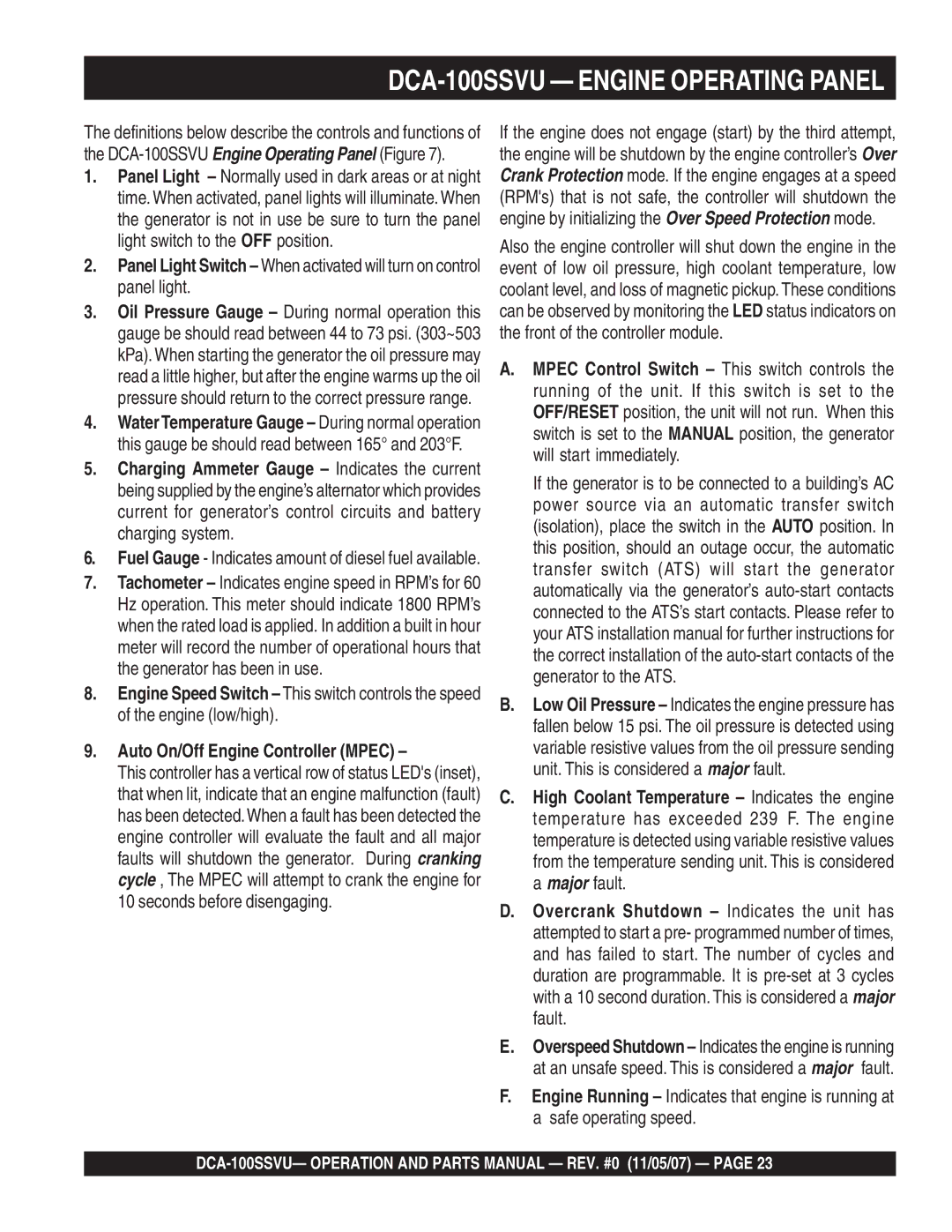 Multiquip operation manual DCA-100SSVU Engine Operating Panel 