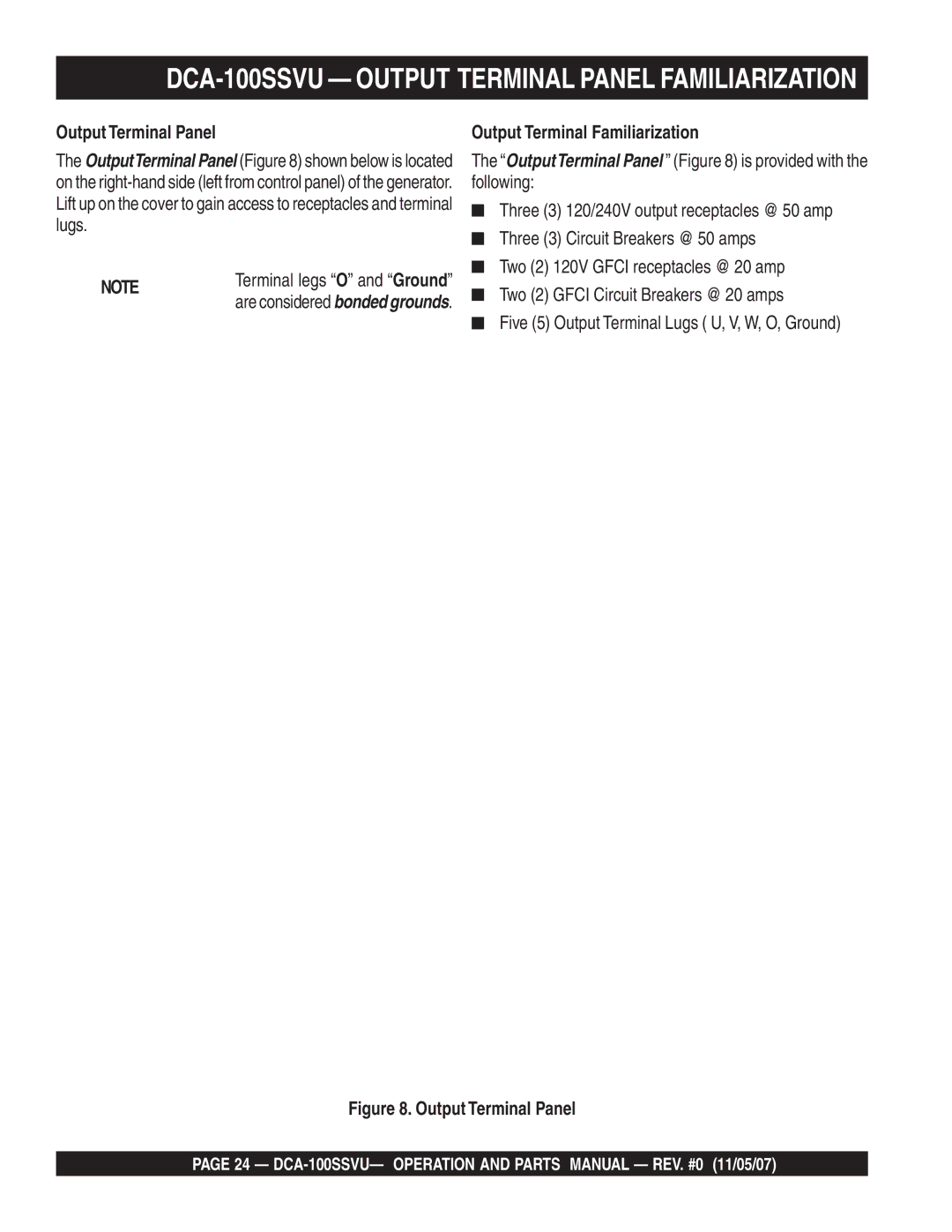 Multiquip operation manual DCA-100SSVU Output Terminal Panel Familiarization, Output Terminal Familiarization 