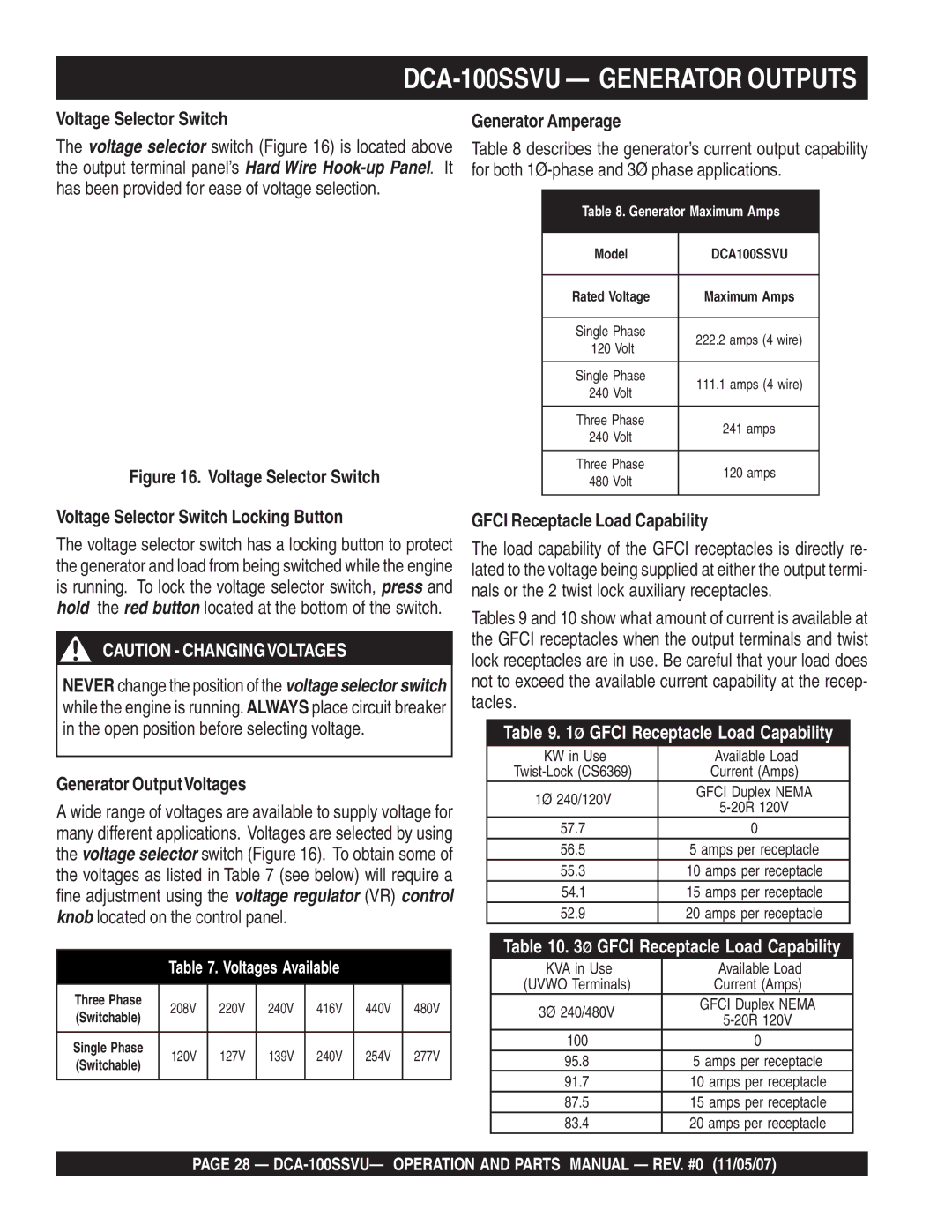 Multiquip DCA-100SSVU operation manual Voltage Selector Switch, Generator OutputVoltages, Generator Amperage 