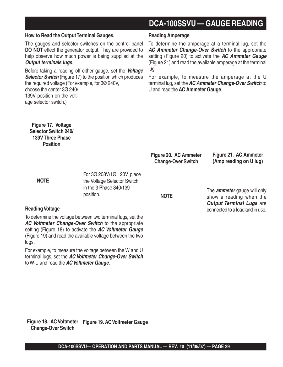 Multiquip operation manual DCA-100SSVU Gauge Reading, How to Read the Output Terminal Gauges, Reading Amperage 