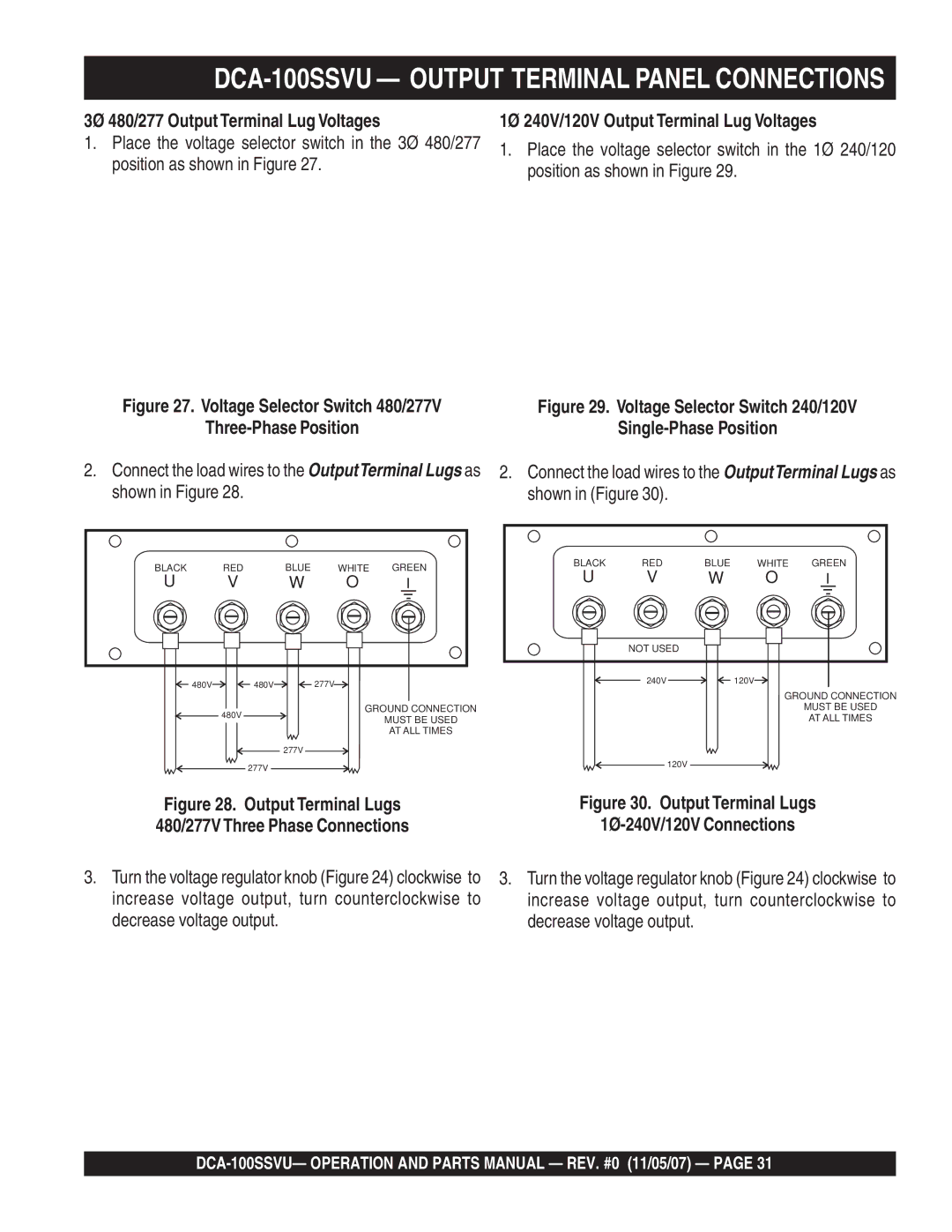 Multiquip operation manual DCA-100SSVU Output Terminal Panel Connections, 3Ø 480/277 Output Terminal Lug Voltages 