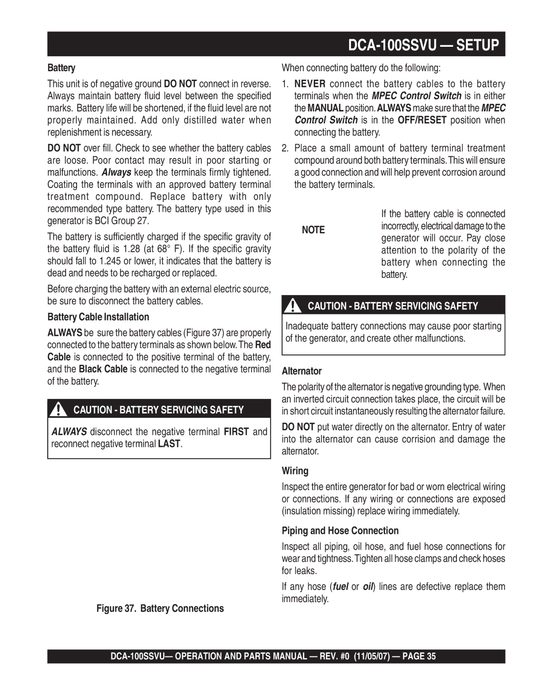 Multiquip DCA-100SSVU operation manual Battery Cable Installation, Alternator, Wiring, Piping and Hose Connection 