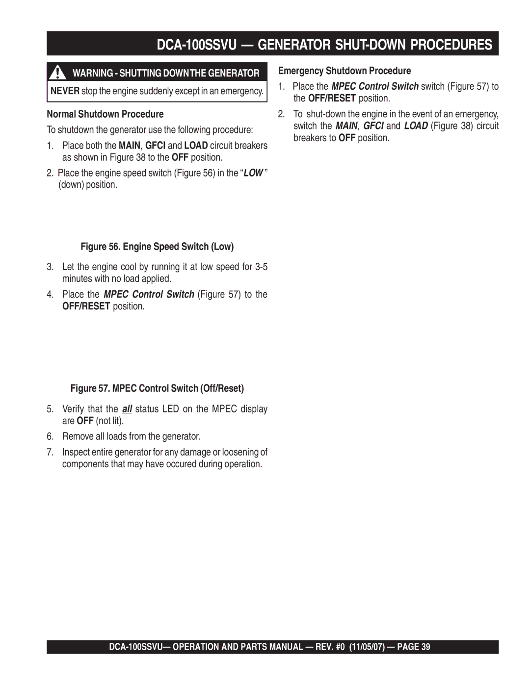 Multiquip DCA-100SSVU operation manual Normal Shutdown Procedure, Emergency Shutdown Procedure 