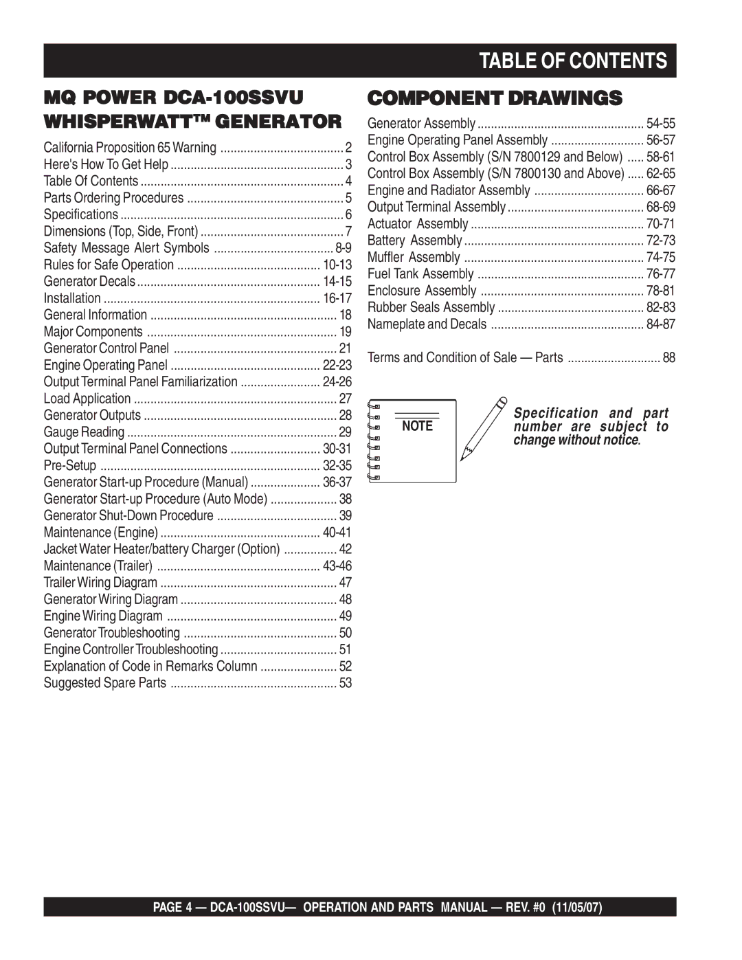 Multiquip DCA-100SSVU operation manual Table of Contents 