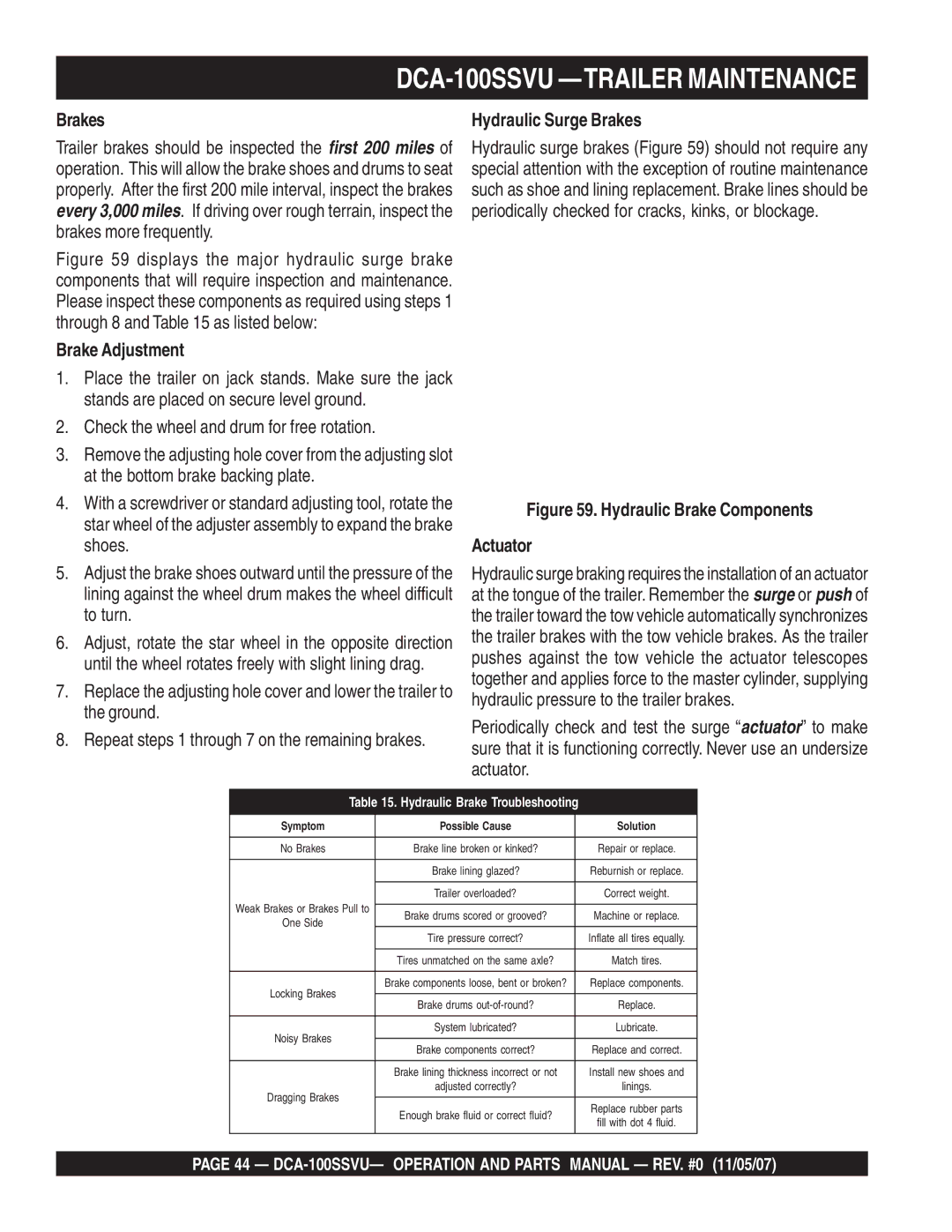 Multiquip DCA-100SSVU operation manual Brake Adjustment, Hydraulic Surge Brakes 