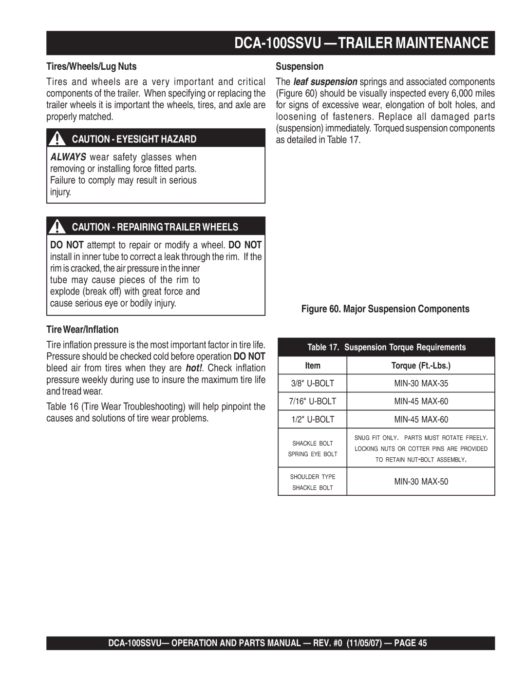 Multiquip DCA-100SSVU operation manual Tires/Wheels/Lug Nuts, TireWear/Inflation, Suspension 