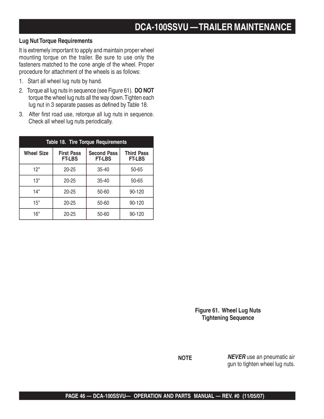 Multiquip operation manual DCA-100SSVU -TRAILER Maintenance, Lug Nut Torque Requirements 