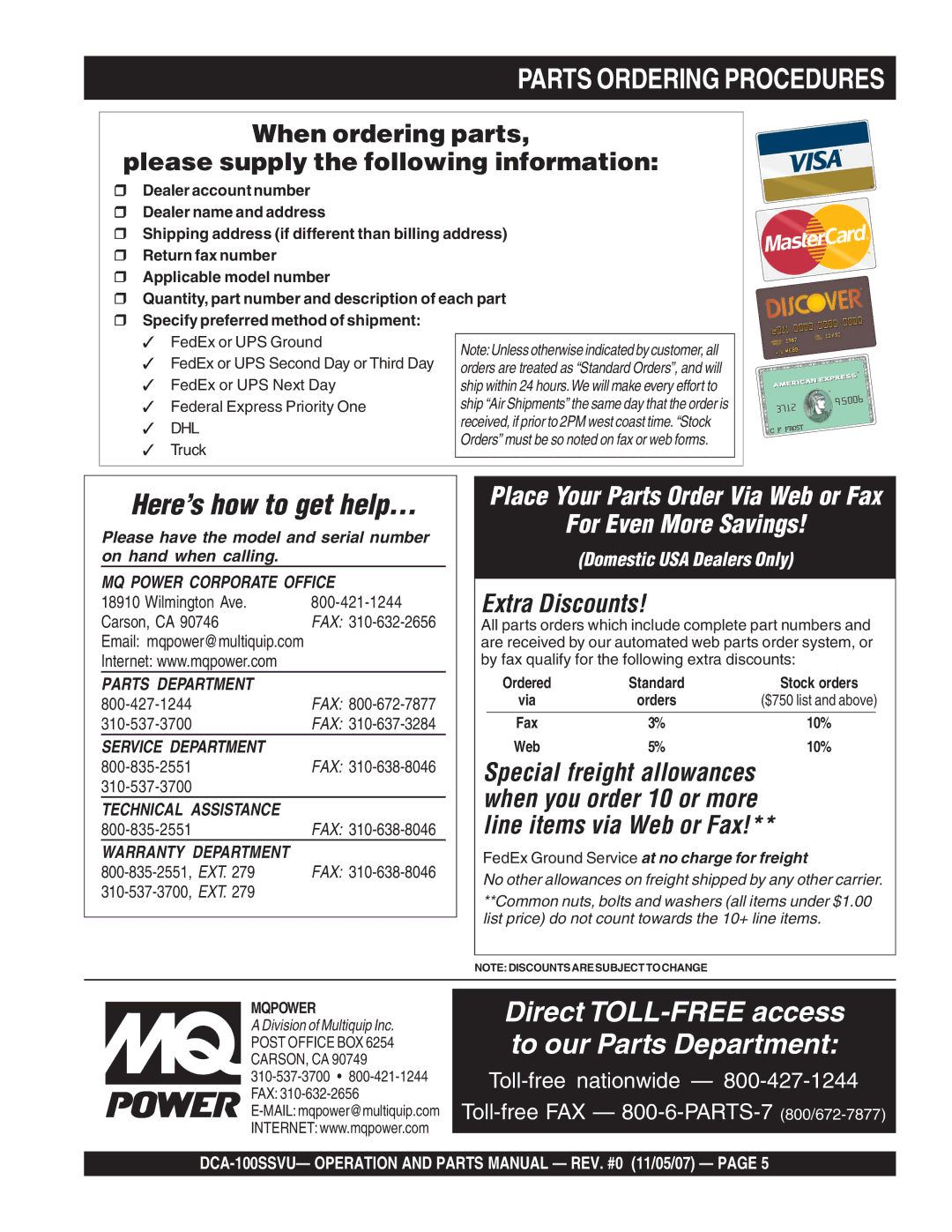 Multiquip DCA-100SSVU Parts Ordering Procedures, When ordering parts Please supply the following information 