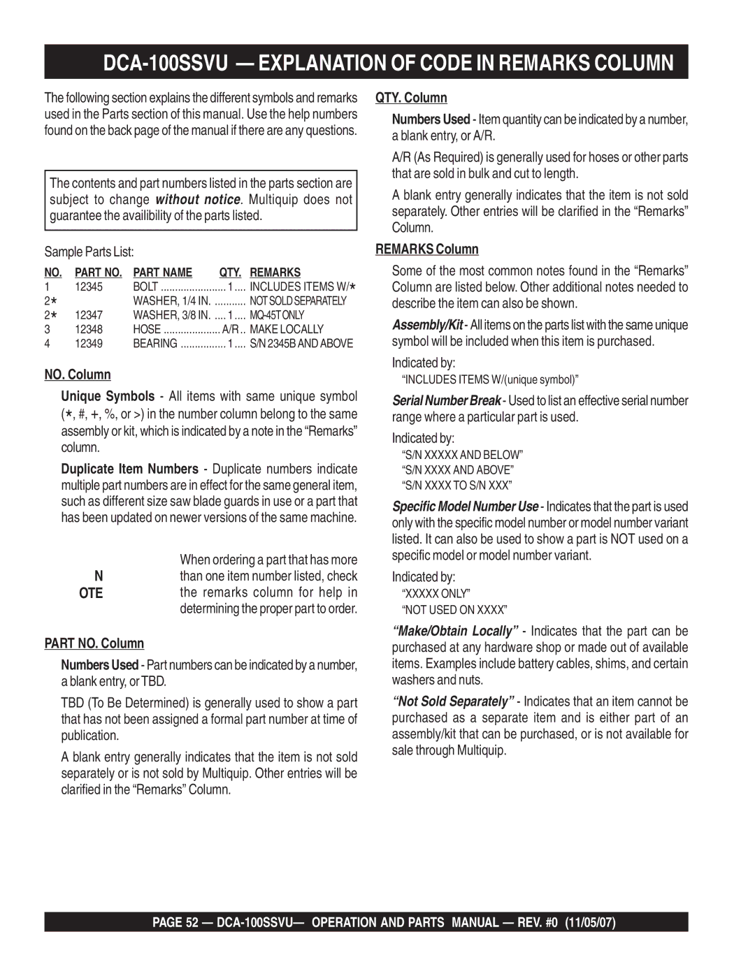 Multiquip operation manual DCA-100SSVU Explanation of Code in Remarks Column, Sample Parts List 