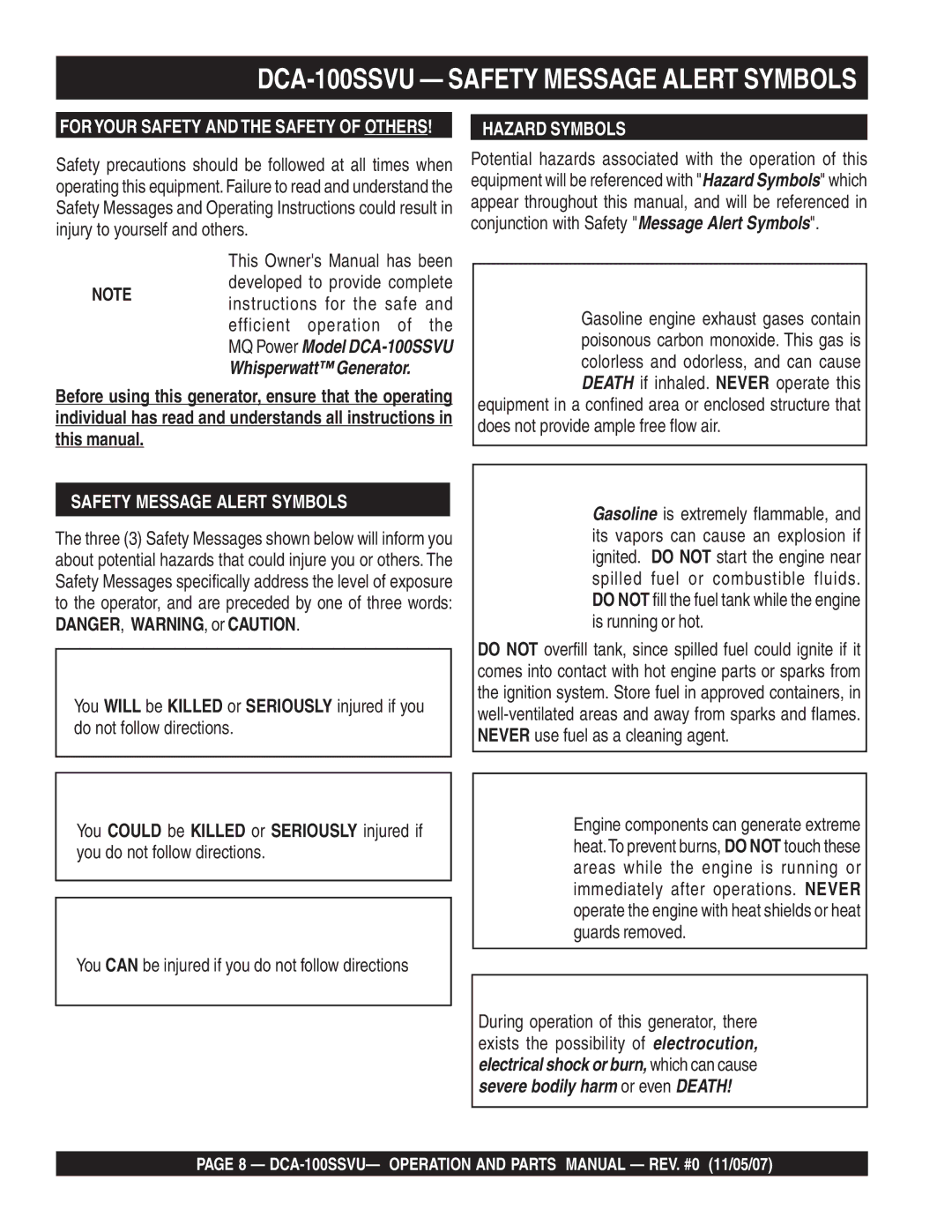 Multiquip operation manual DCA-100SSVU Safety Message Alert Symbols, Hazard Symbols 