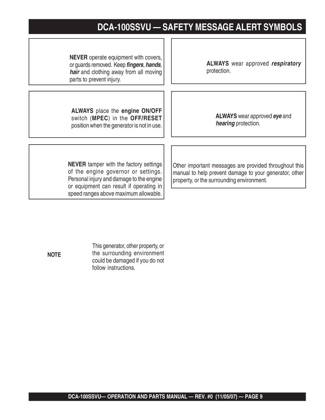 Multiquip operation manual DCA-100SSVU Safety Message Alert Symbols 