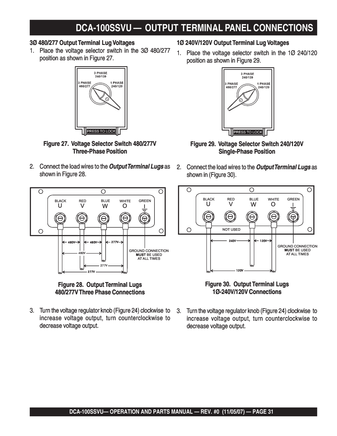 Multiquip operation manual DCA-100SSVU- OUTPUT TERMINAL PANEL CONNECTIONS, 3Ø 480/277 Output Terminal Lug Voltages 