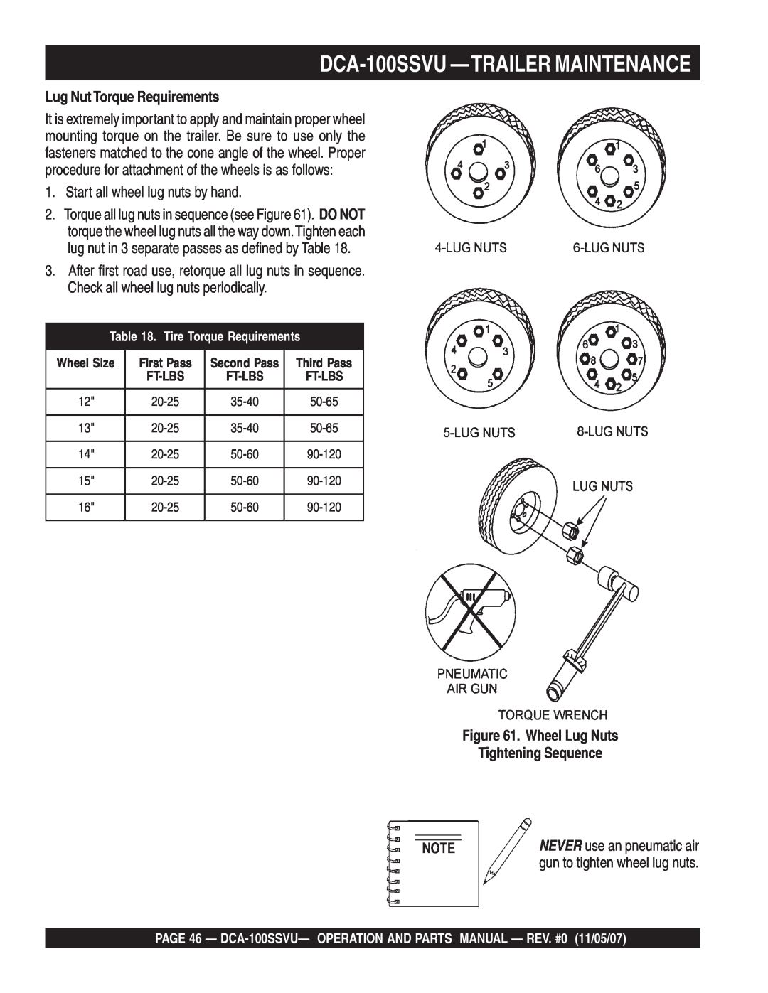 Multiquip DCA-100SSVU —TRAILERMAINTENANCE, Lug Nut Torque Requirements, Wheel Lug Nuts Tightening Sequence, First Pass 