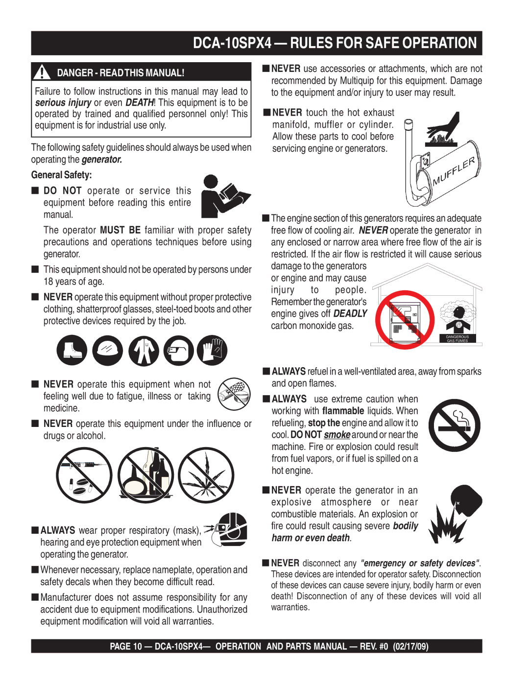 Multiquip operation manual DCA-10SPX4 Rules for Safe Operation, General Safety, Injury People, Carbon monoxide gas 