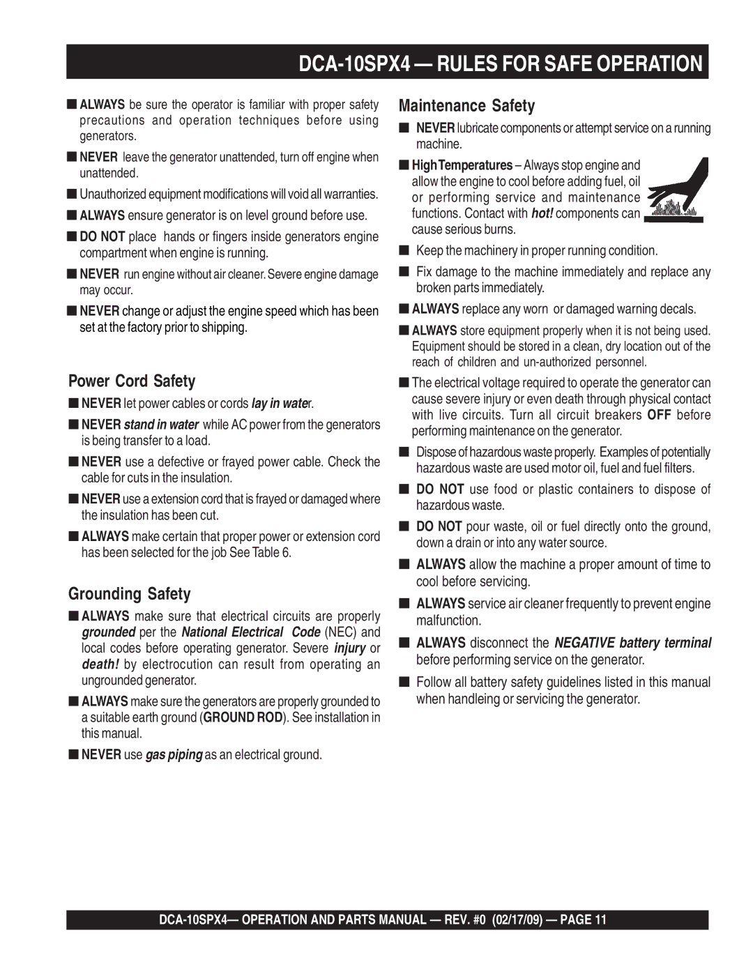 Multiquip operation manual DCA-10SPX4 Rules for Safe Operation 