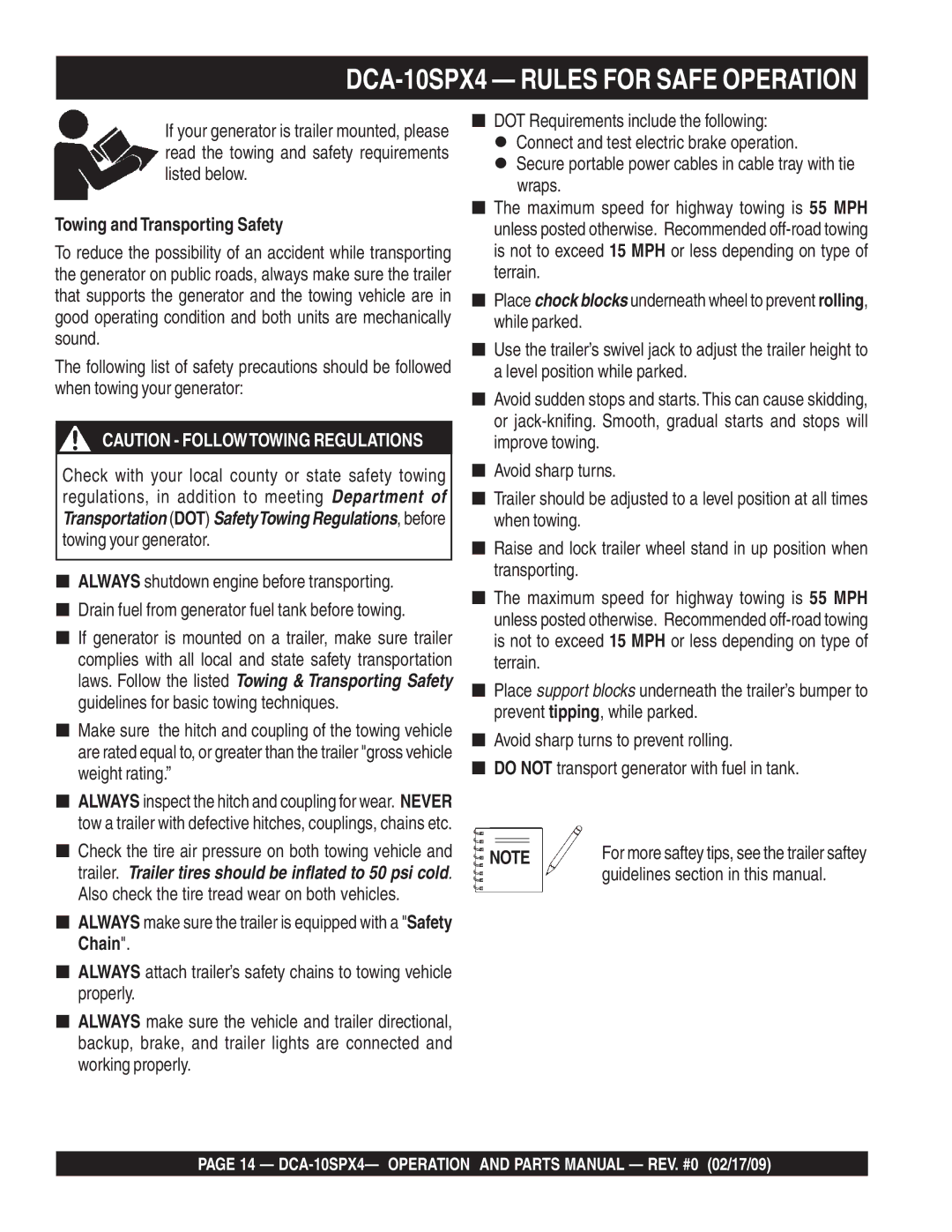 Multiquip DCA-10SPX4 operation manual Towing and Transporting Safety, Guidelines section in this manual 