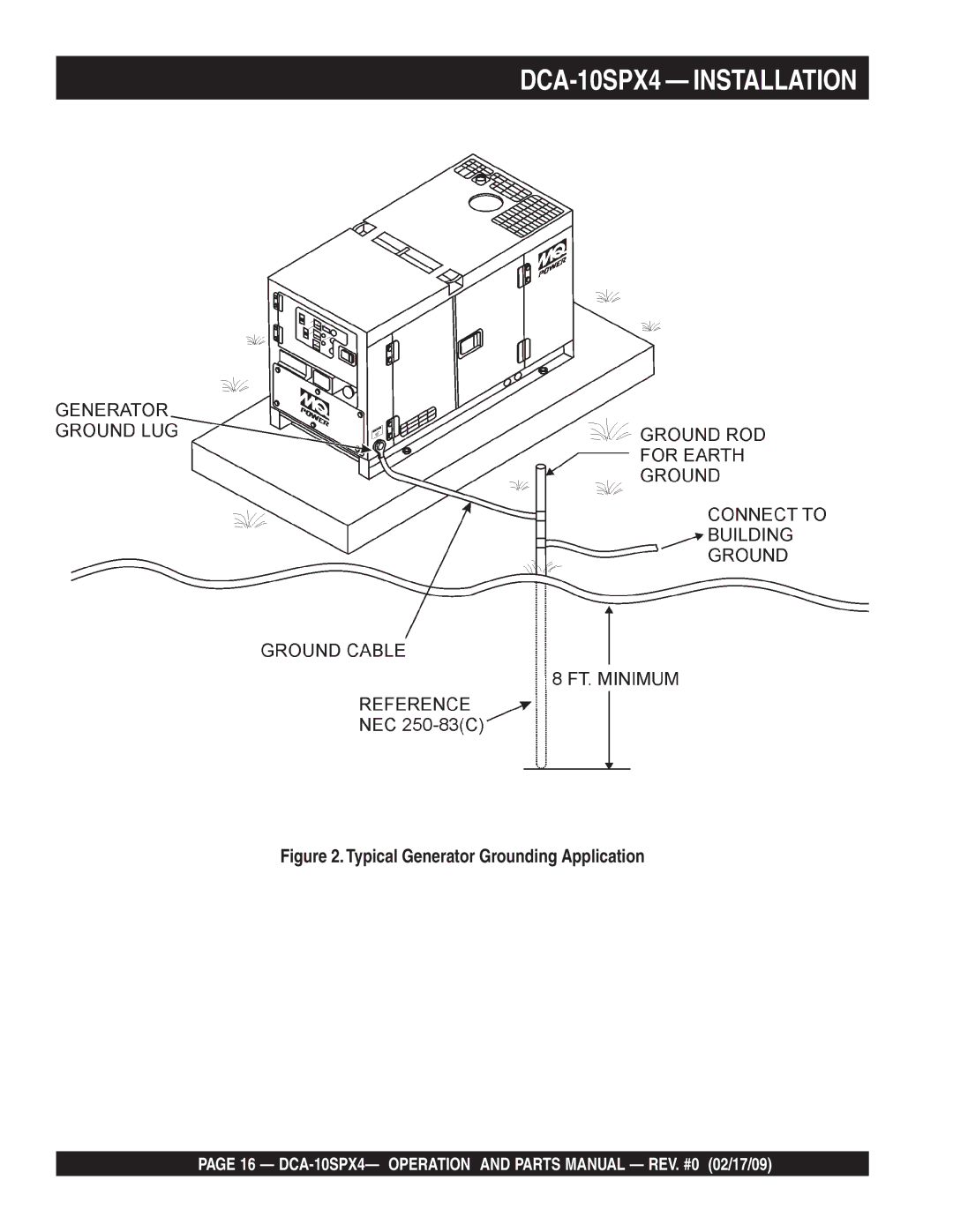 Multiquip operation manual DCA-10SPX4 Installation, Typical Generator Grounding Application 