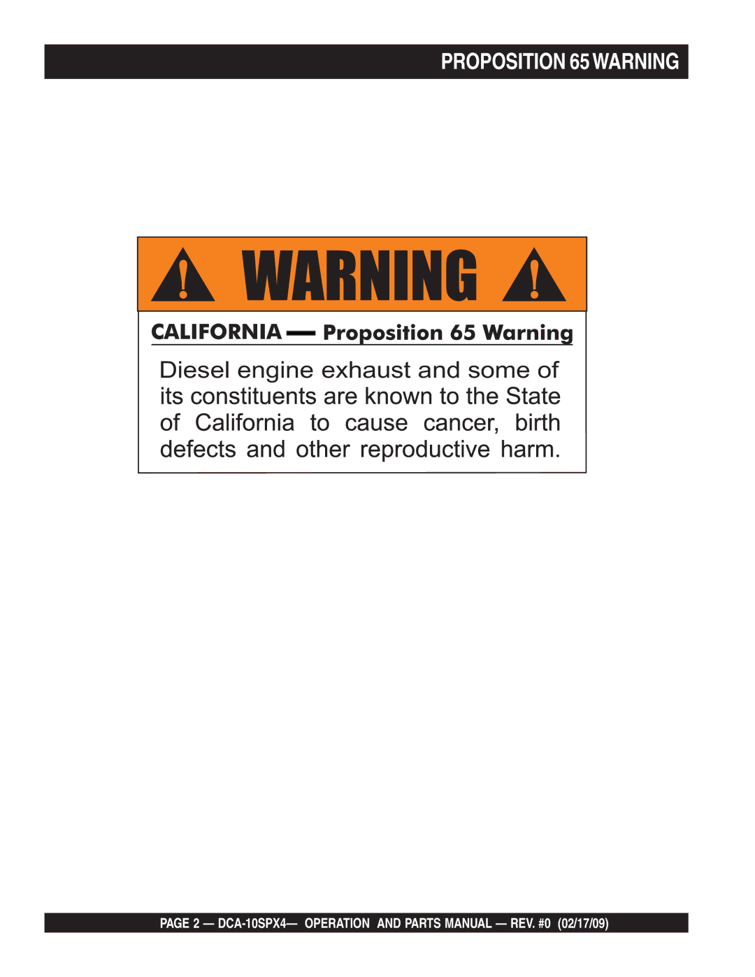 Multiquip DCA-10SPX4 operation manual Diesel engine exhaust and some, Proposition 65WARNING 